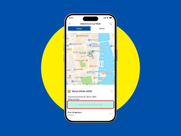 Schermata dell'app mobile che mostra la selezione di una filiale su una mappa, con i dettagli della filiale di Zurigo.