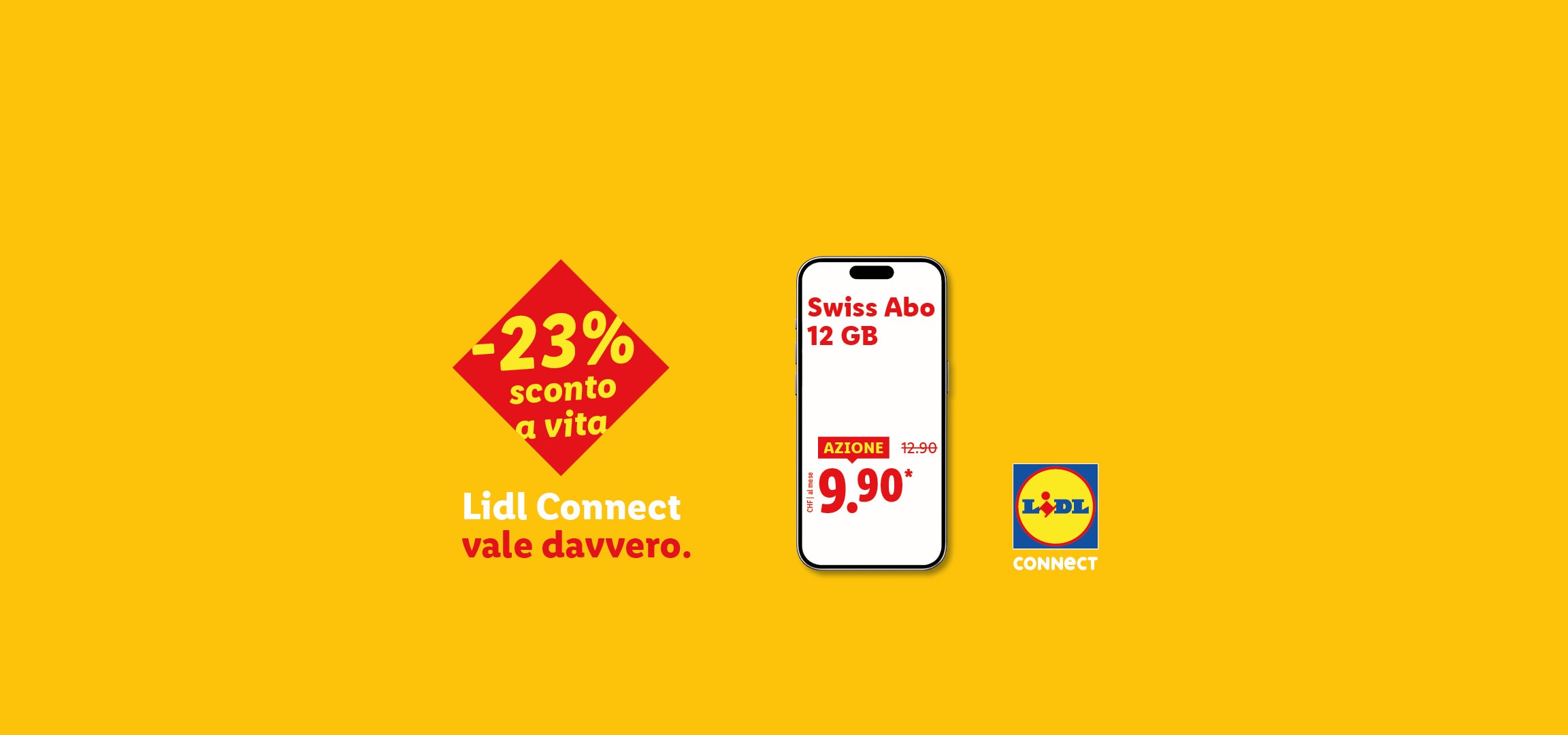Pubblicità per un abbonamento mobile da 12 GB a 9,90 CHF con il 23% di sconto a vita.
