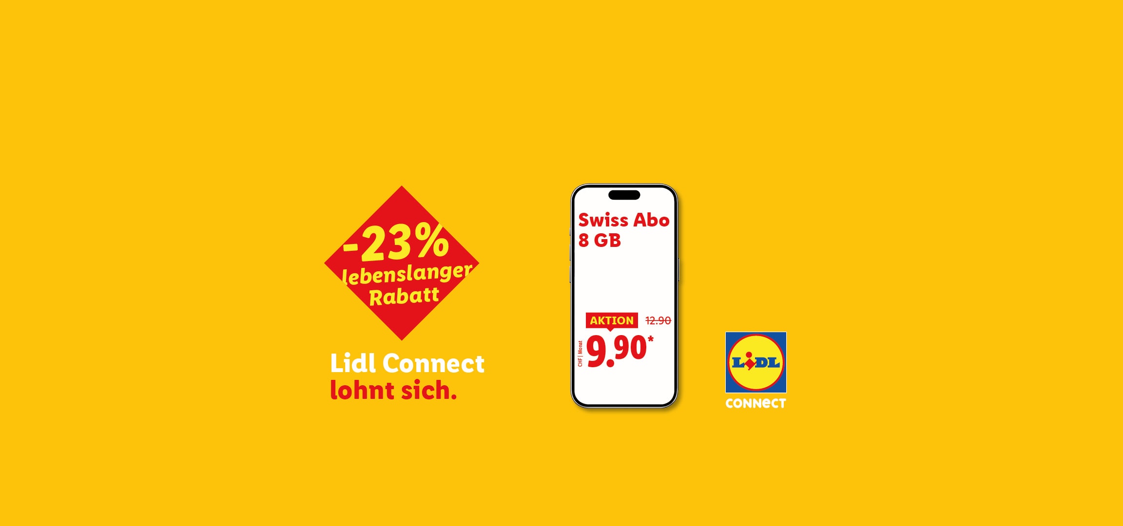 Mobilfunkangebot mit 8 GB Daten für 9,90 CHF, mit 23% lebenslangem Rabatt.