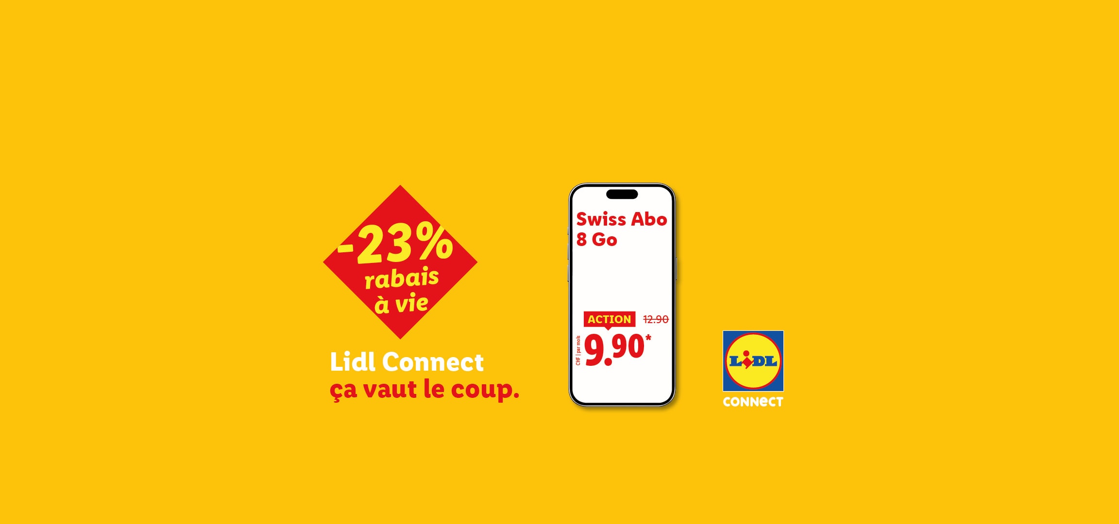 Publicité pour un abonnement mobile avec 23% de réduction à vie, affichant un prix de 9,90 CHF.