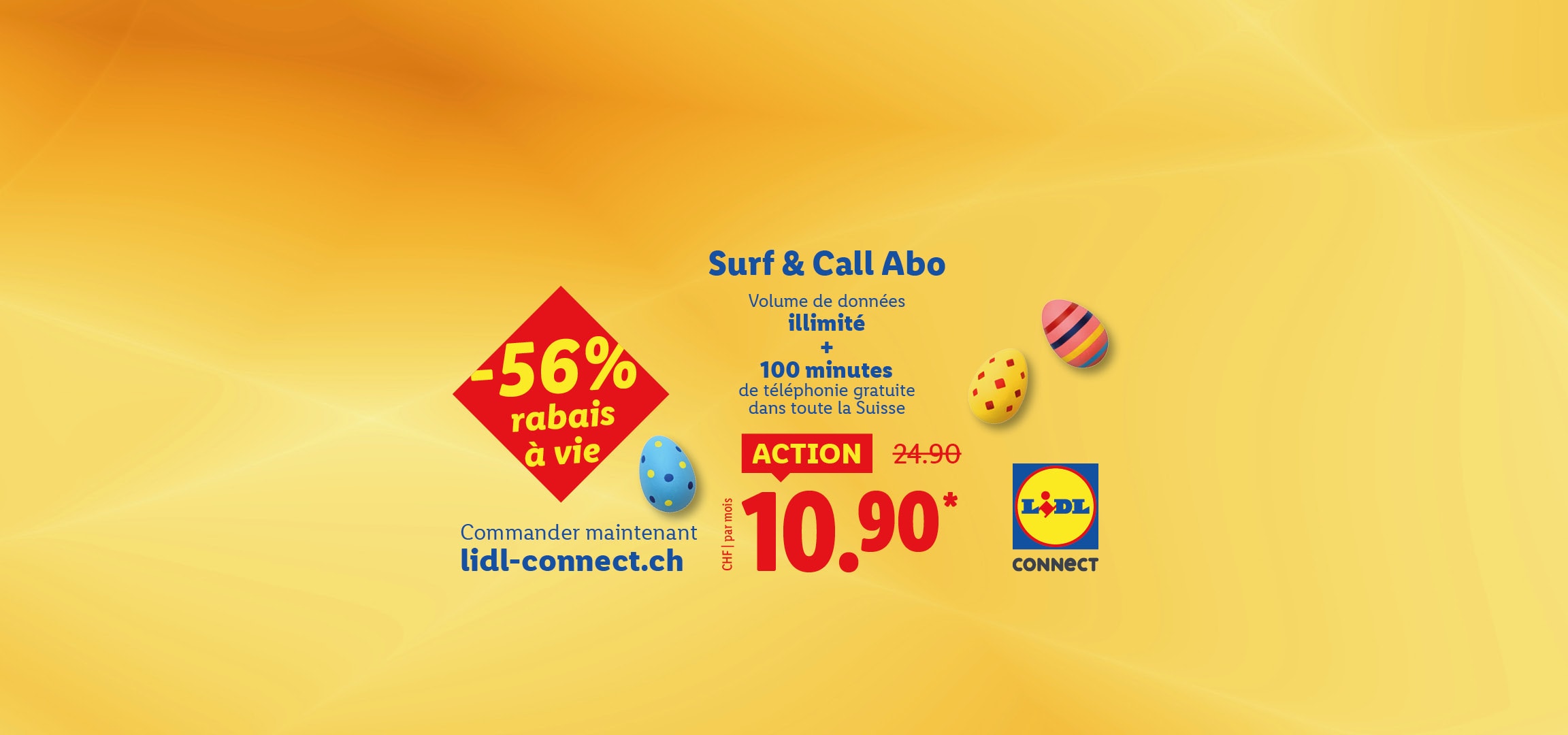 Surf & Call Abo avec volume de données illimité et 100 minutes gratuites, 56% de réduction pour 10.90 CHF.
