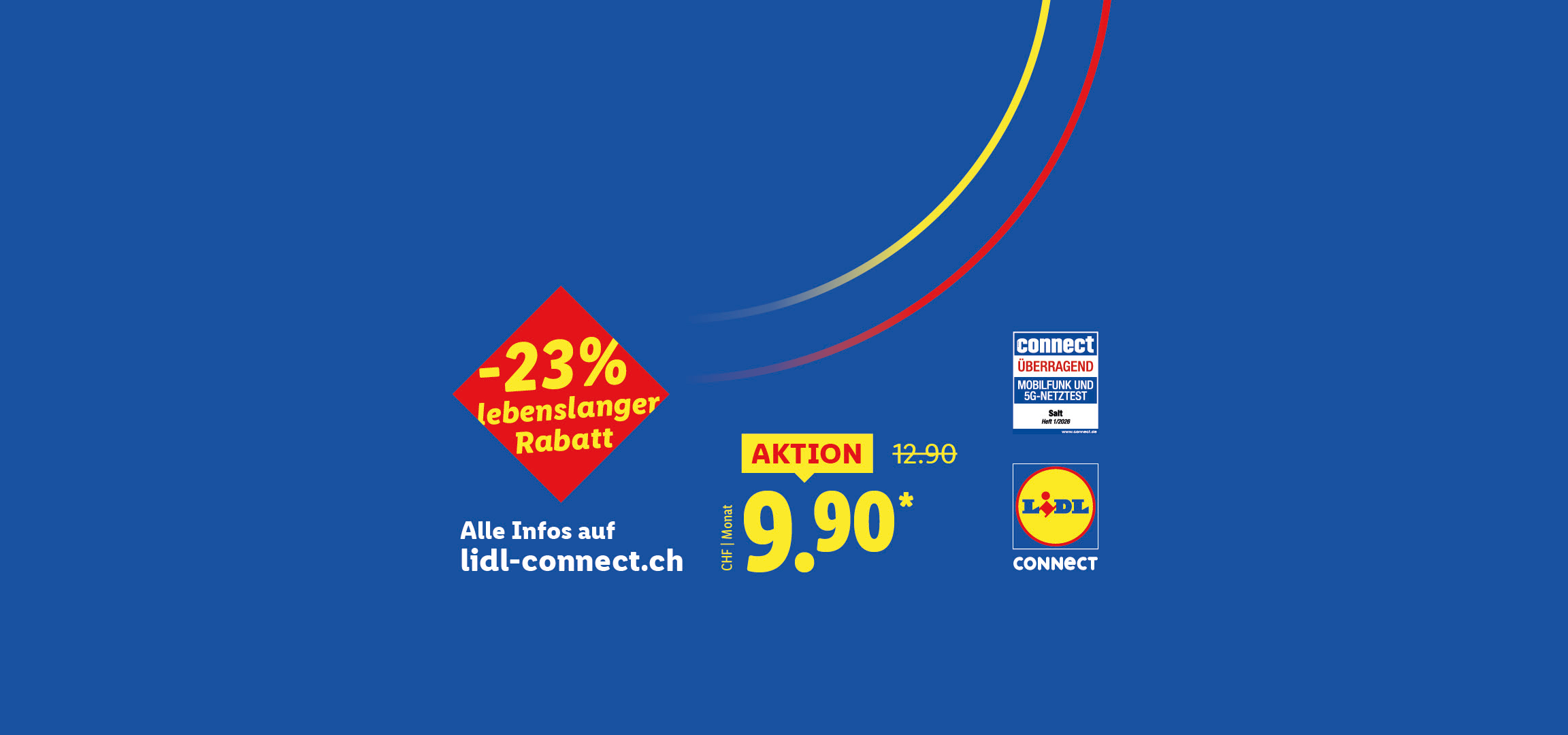 Sonderangebot für Mobilfunk mit 23% Rabatt und einem Preis von 9.90 CHF pro Monat.