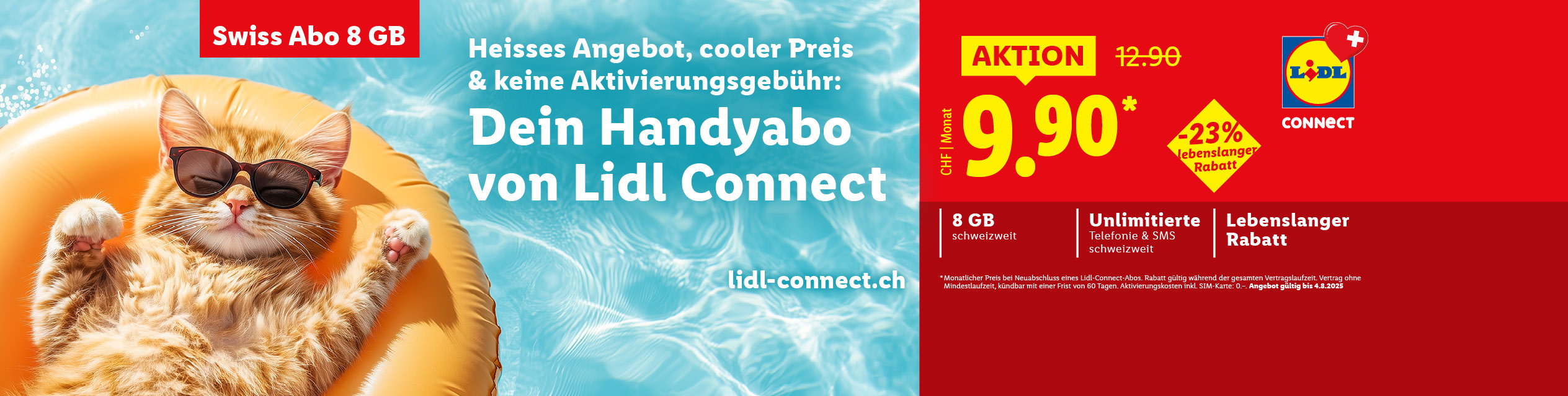 Lidl Connect bietet ein Handyabo für 9,90 CHF/Monat mit 8 GB und unlimitierten Telefonaten & SMS an.