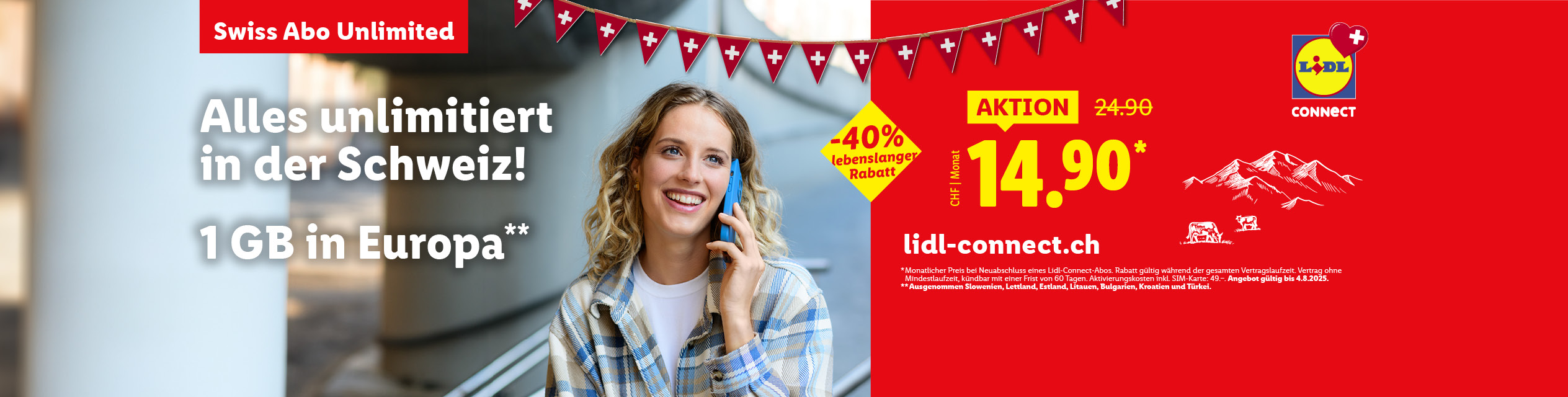 Lidl Connect Abo: Unbegrenzt in der Schweiz, 1 GB in Europa für CHF 14.90/Monat.