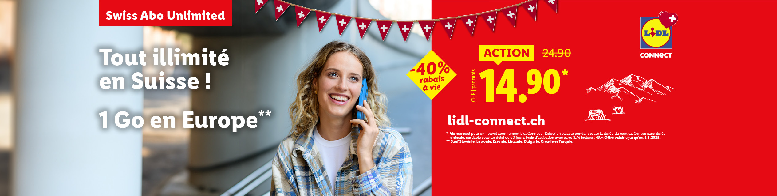 Lidl Connect offre un abonnement illimité en Suisse et 1 Go en Europe à 14.90 CHF/mois.
