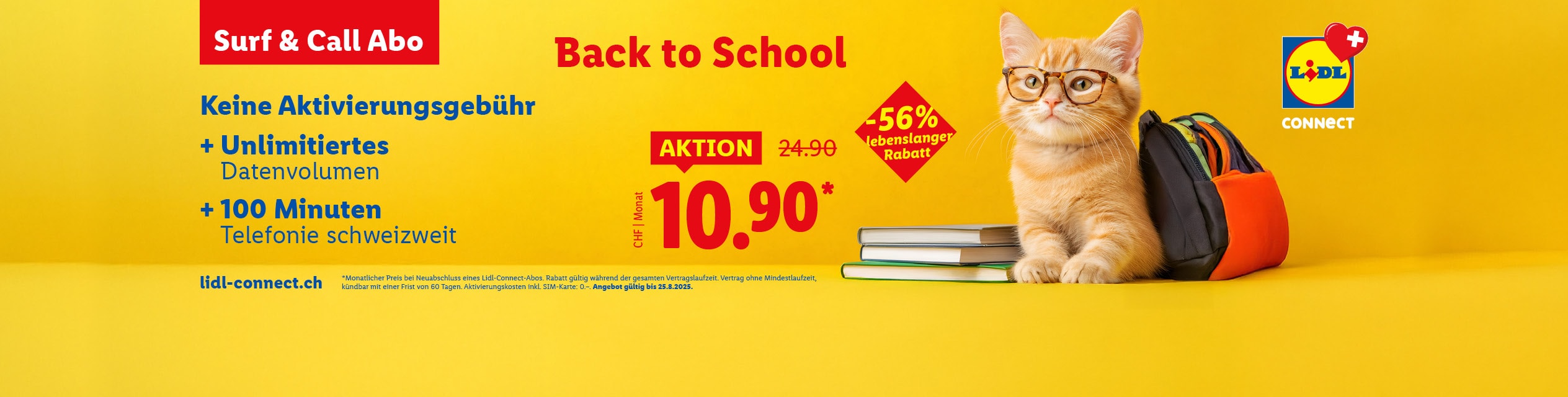 Lidl Connect Back to School Angebot: 10.90 CHF pro Monat, unbegrenztes Datenvolumen und 100 Minuten.