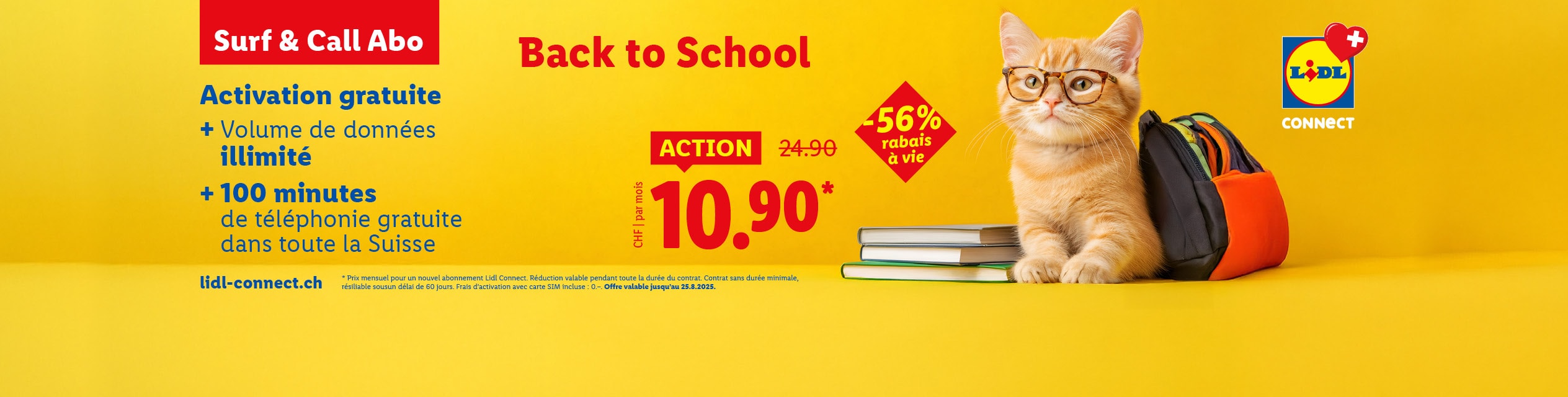 Offre Lidl Connect rentrée scolaire : données illimitées, 100 minutes gratuites en Suisse, CHF 10.90/mois.