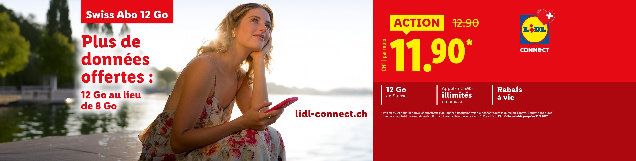 Publicité pour les offres de téléphonie mobile Lidl Connect et Swiss Abo avec données et appels illimités.