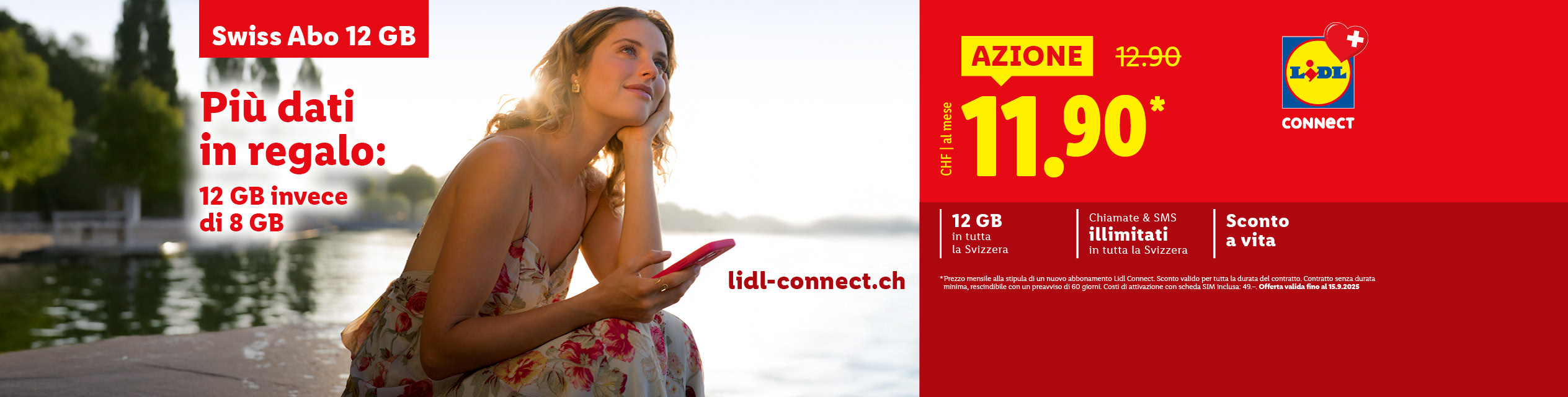 Pubblicità per un'offerta di telefonia mobile di Lidl Connect con 12 GB di dati e chiamate illimitate.