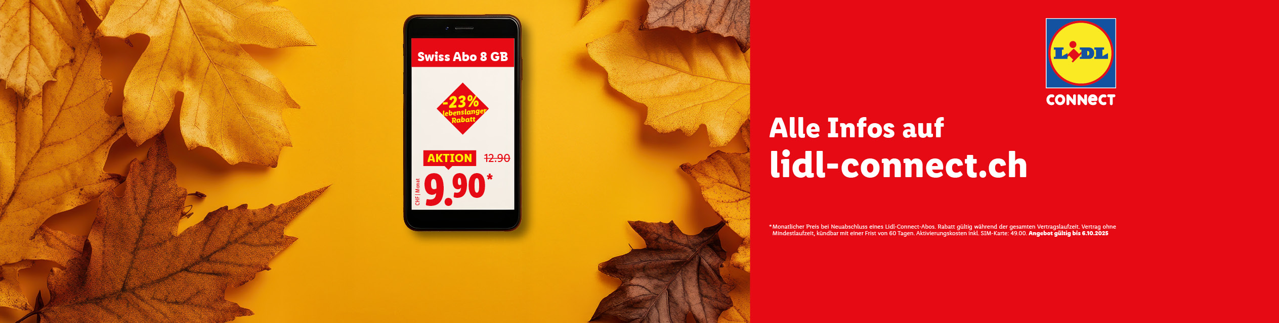Lidl Connect Werbung mit Mobilfunk-Abo-Angebot auf einem Smartphone und Herbstblättern.