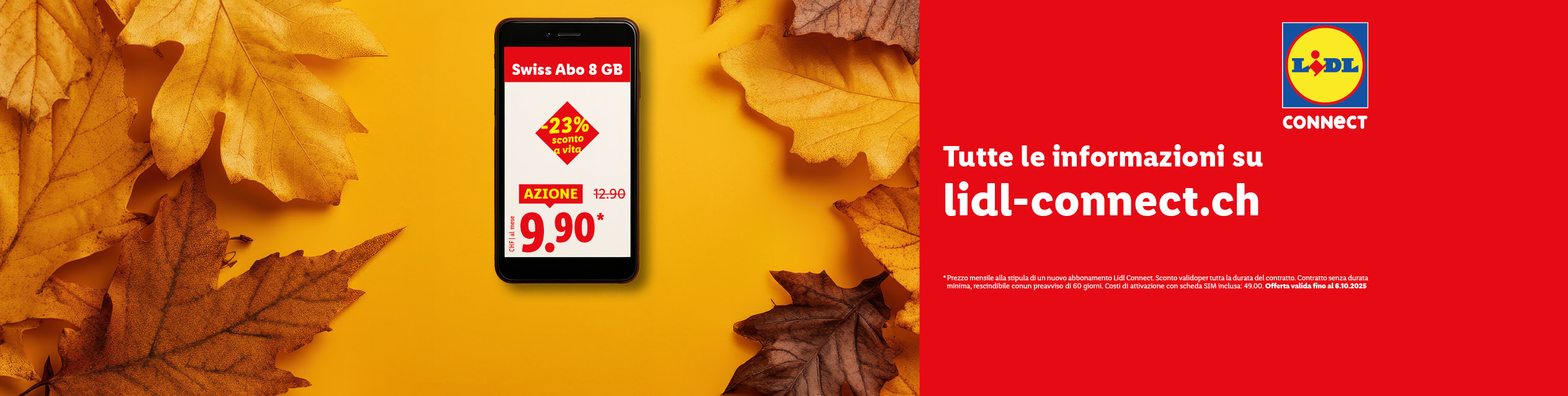 Pubblicità Lidl Connect con offerta di abbonamento mobile su uno smartphone, su sfondo autunnale.