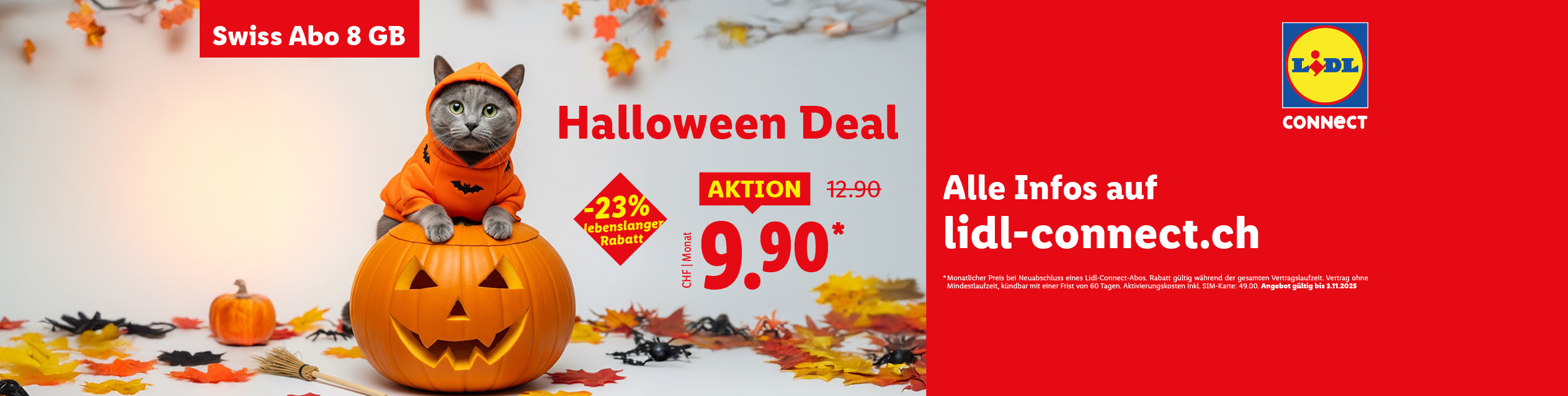 Lidl Connect Halloween Deal: Swiss Abo 8 GB Mobilfunkvertrag für 9.90 CHF/Monat.