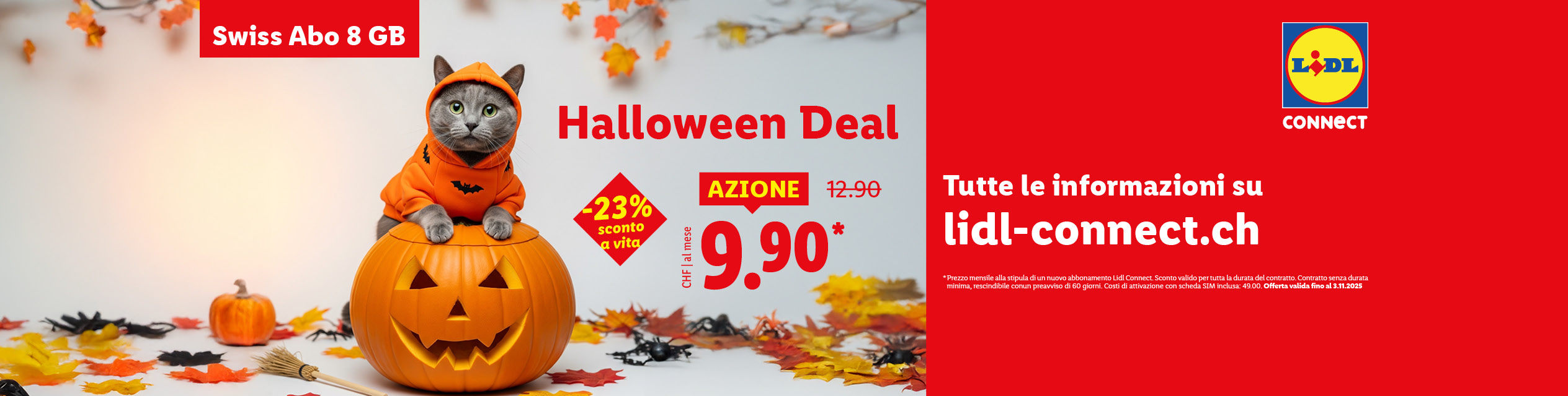 Un gattino in costume di Halloween su una zucca, che annuncia un'offerta Lidl Connect.