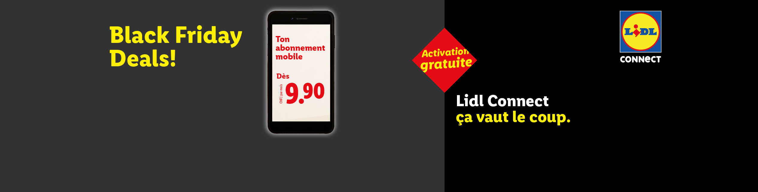 Offres Black Friday: abonnement mobile Lidl Connect à 9.90 CHF/mois avec activation gratuite.