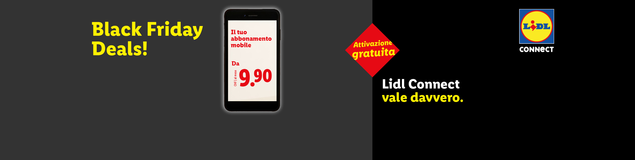 Offerte Black Friday Lidl Connect: abbonamento mobile da 9.90 CHF al mese con attivazione gratuita.