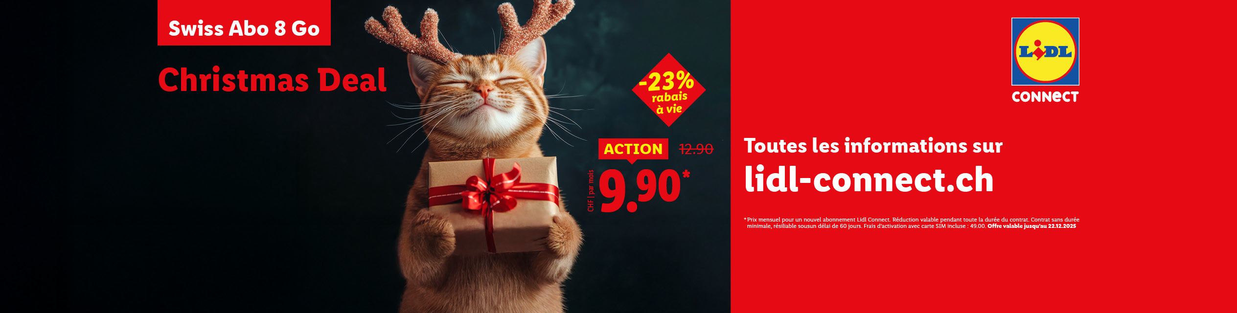 Un chat roux avec des bois de renne et un cadeau, annonçant une offre Lidl Connect.