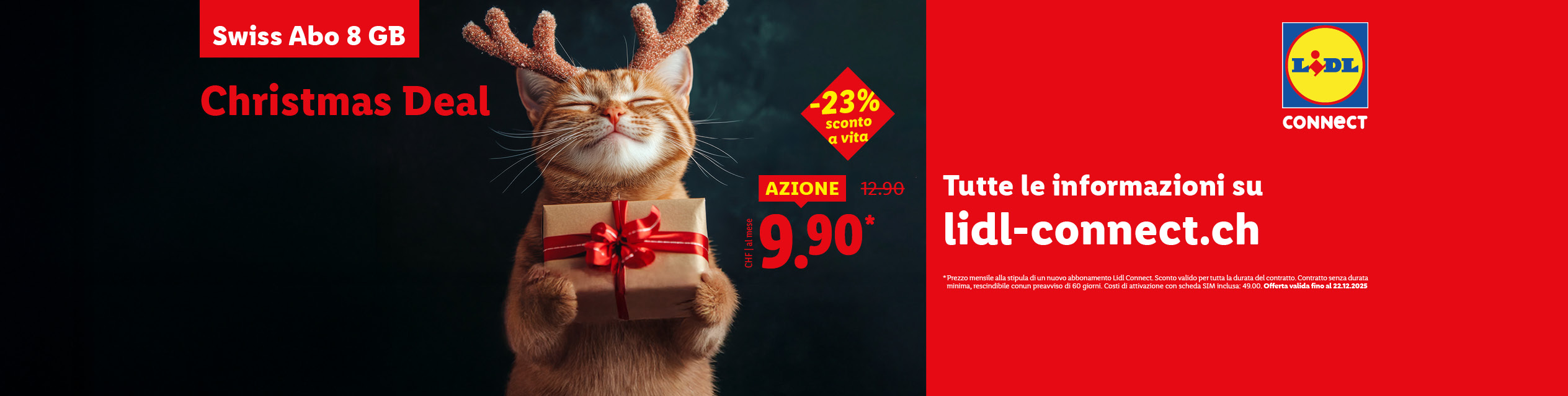 Offerta di Natale Lidl Connect con gattino renna, abbonamento Swiss Abo 8 GB a 9.90 CHF.