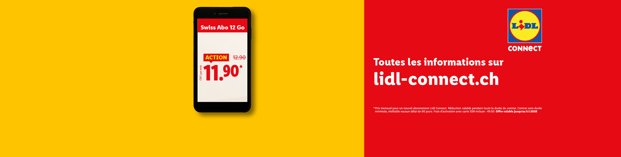 Offre Lidl Connect Swiss Abo 12 Go à 11.90 CHF sur smartphone.
