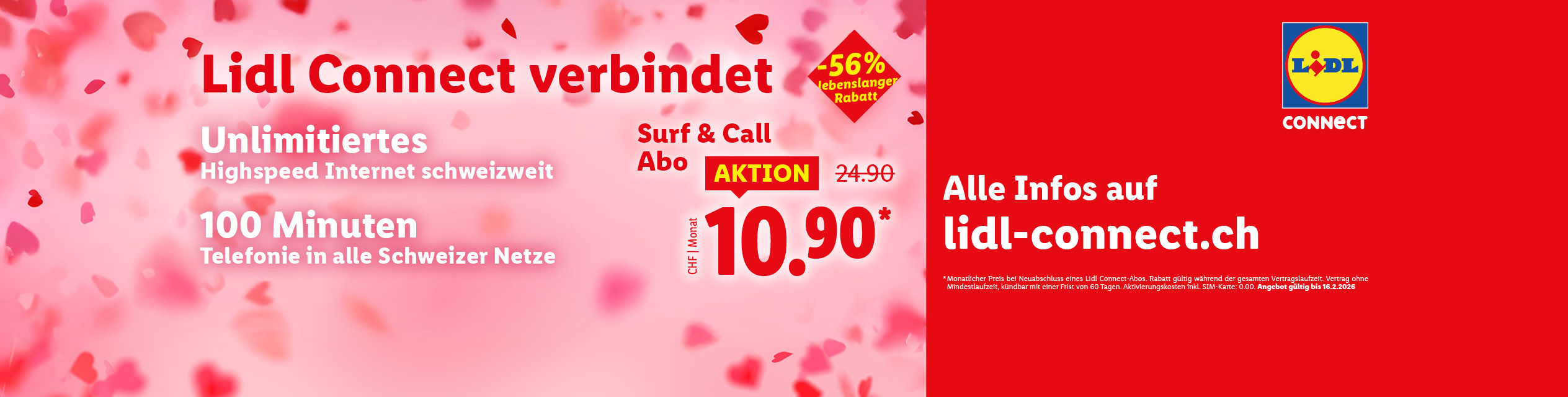 Lidl Connect Angebot: Unlimitiertes Surf & Call Abo mit Highspeed Internet und 100 Minuten für 10.90 CHF/Monat.
