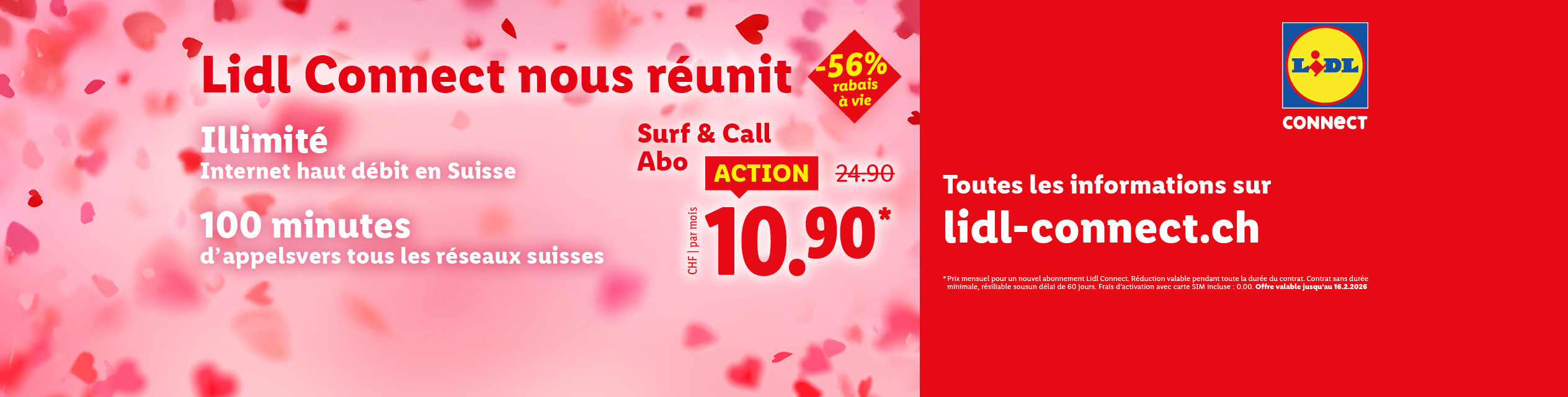Offre d'abonnement mobile avec internet illimité et 100 minutes pour 10.90 CHF par mois, avec 56% de réduction.