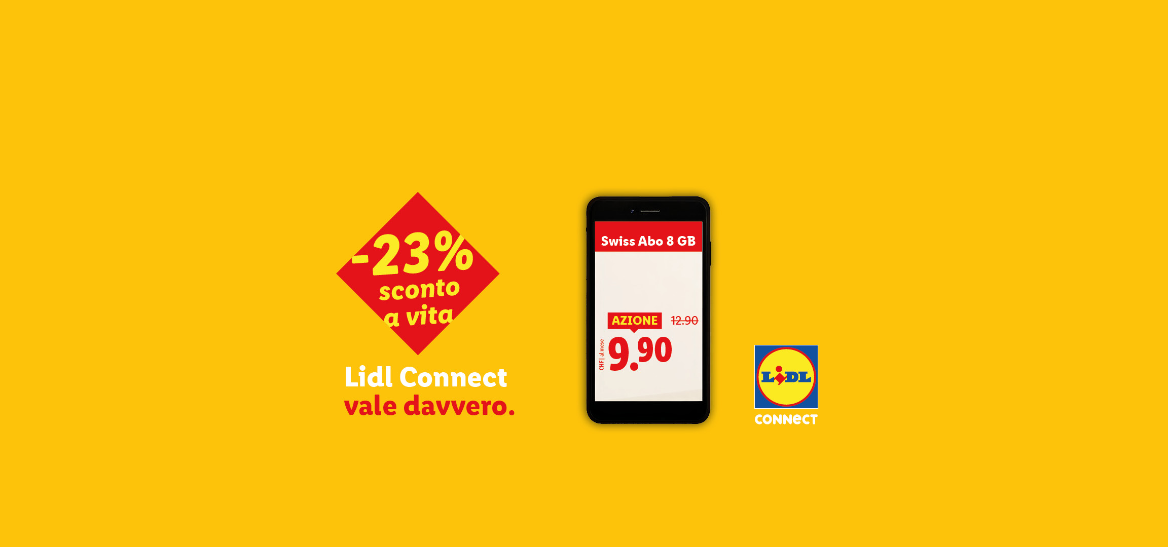 Pubblicità per un abbonamento mobile con 8 GB di dati, che mostra uno sconto del 23% a vita.