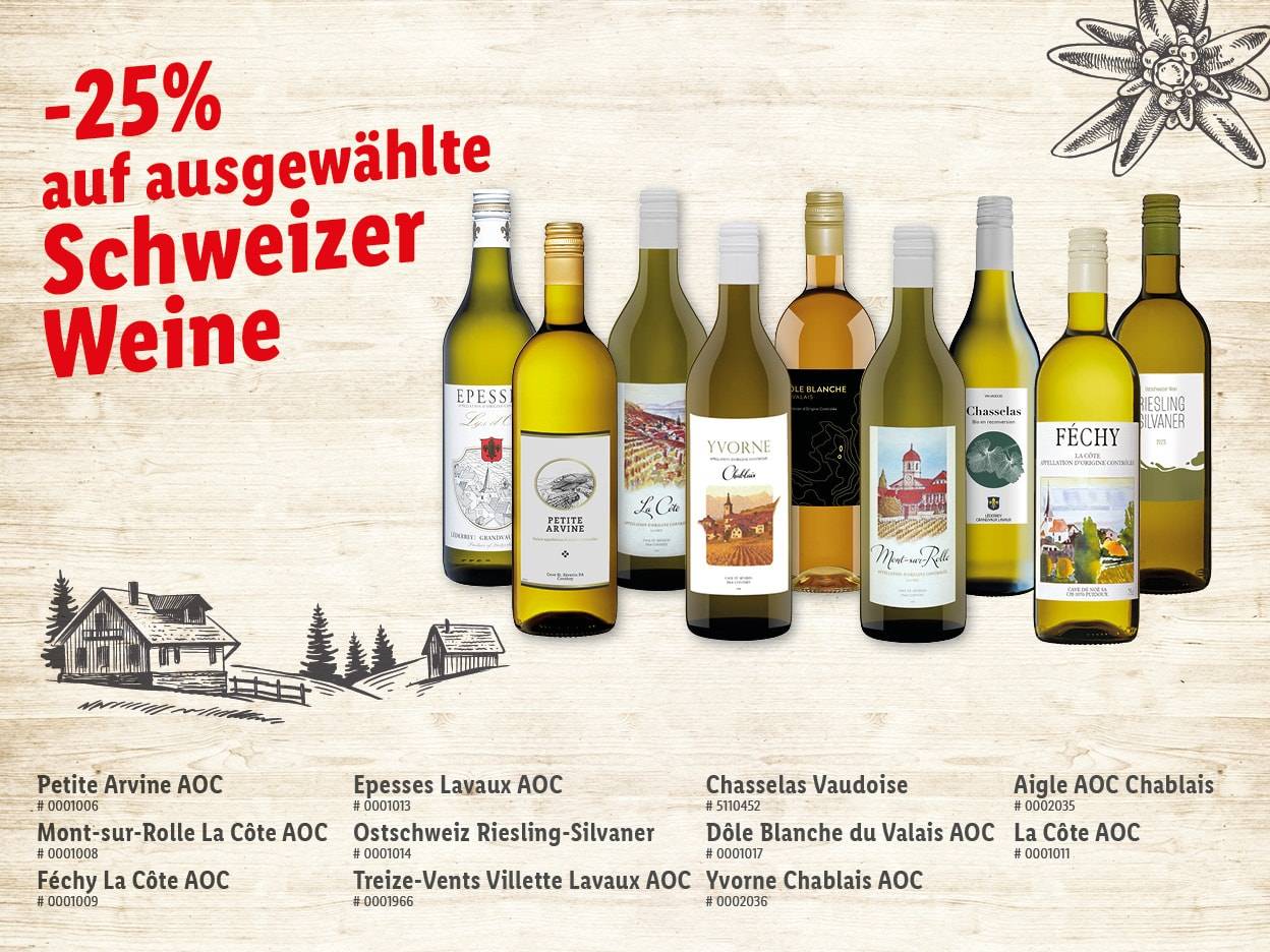 25% Rabatt auf ausgewählte Schweizer Weine, darunter Epesses Lavaux und Féchy La Côte.