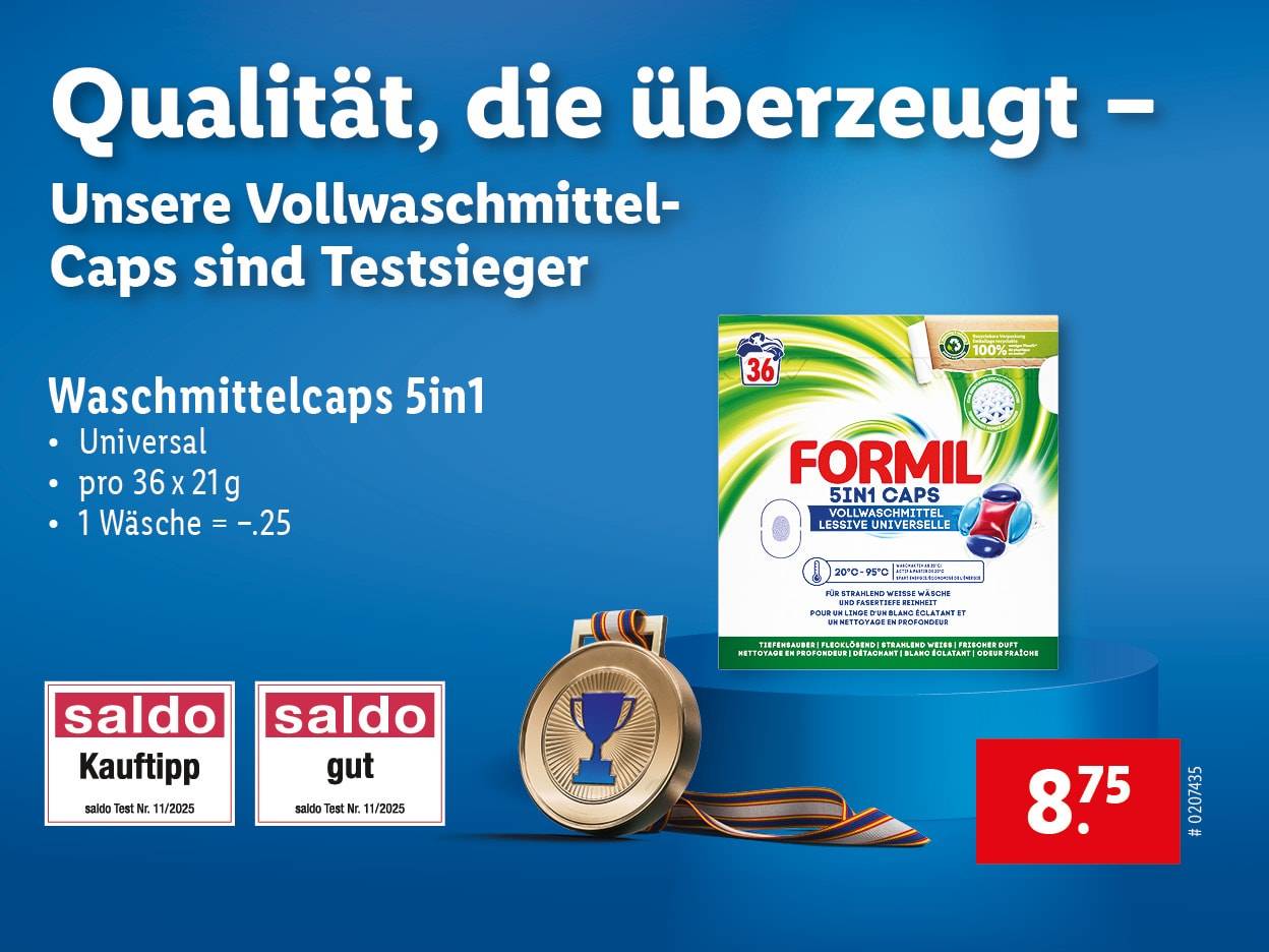 Formil 5in1 Waschmittelcaps sind Testsieger und für 8,75€ erhältlich.