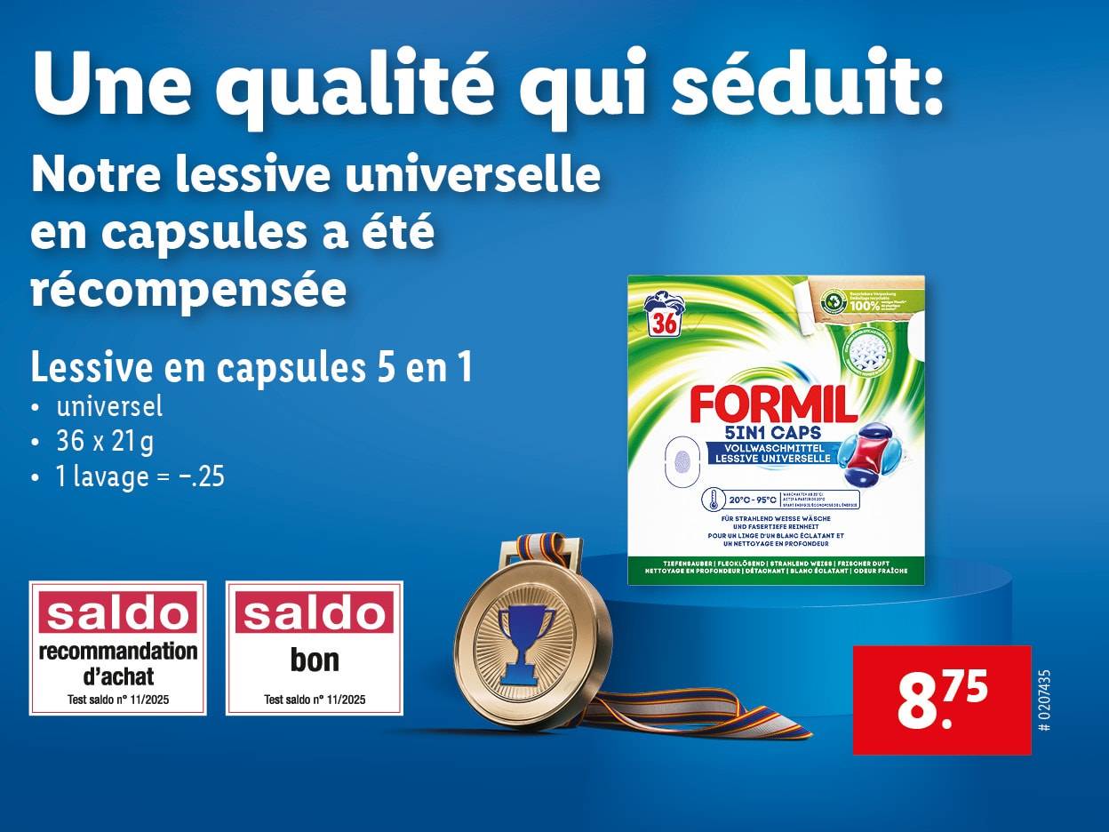 Lessive Formil en capsules 5 en 1 récompensée, prix 8,75€.