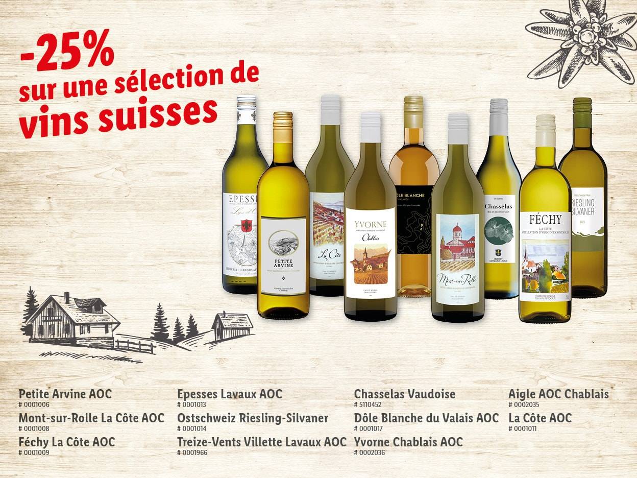 Sélection de vins suisses à -25%, incluant des marques comme Epesses et Féchy.