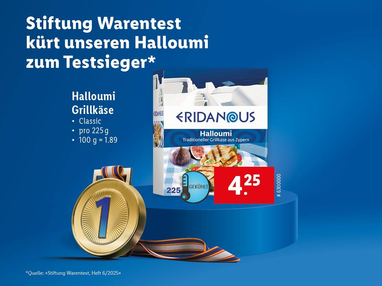 Eridanous Halloumi Grillkäse: Stiftung Warentest Testsieger, 4,25€.