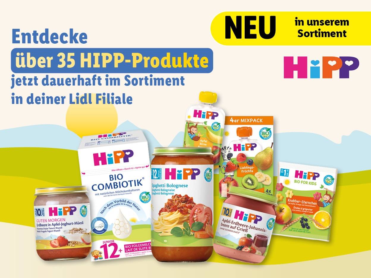 Neue Hipp Bio-Produkte für Babys jetzt dauerhaft bei Lidl erhältlich.