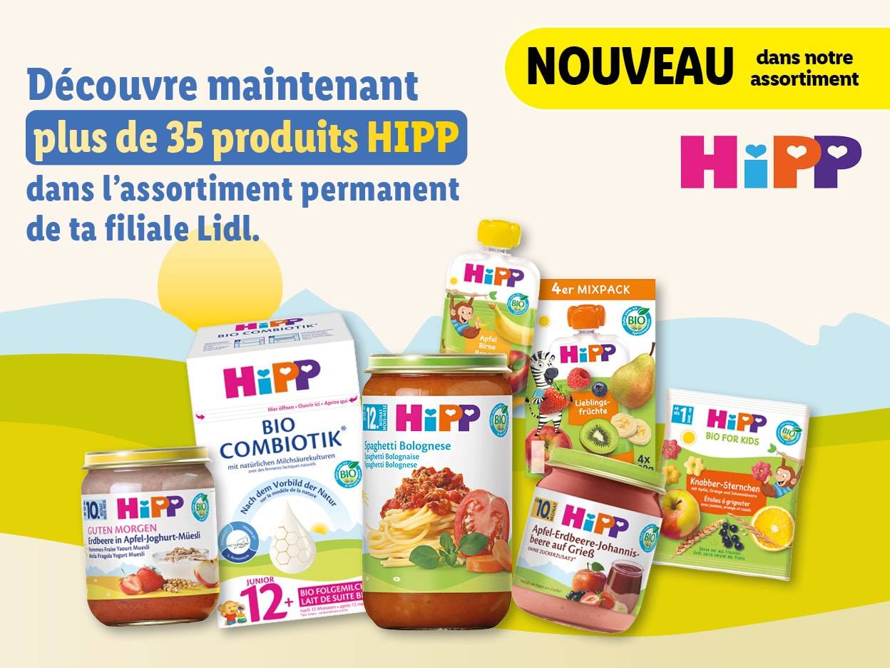Nouveaux produits HIPP bio pour bébés, disponibles chez Lidl.