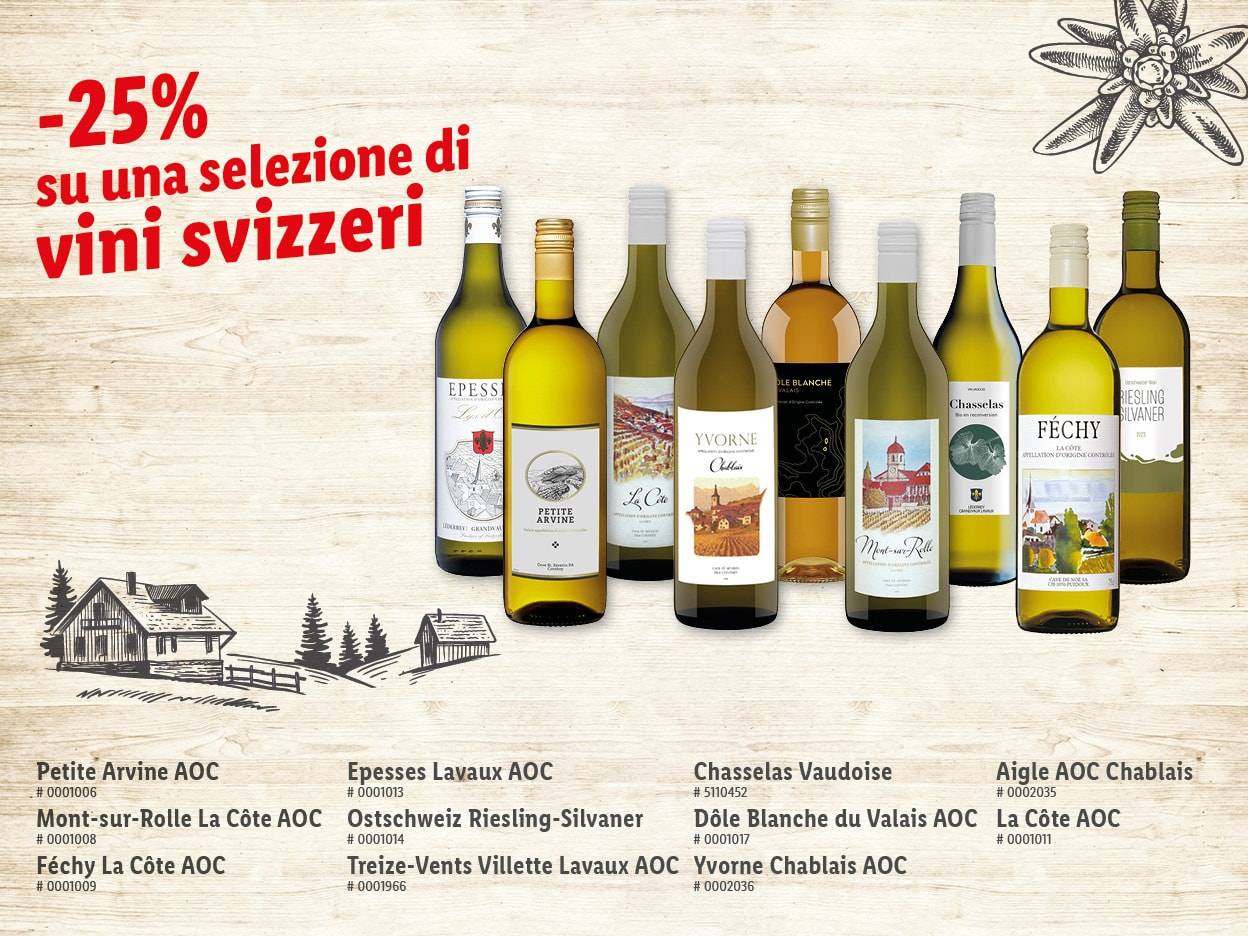 Selezione di vini svizzeri scontati del 25%, tra cui bottiglie di Epesses, Yvorne e Féchy.