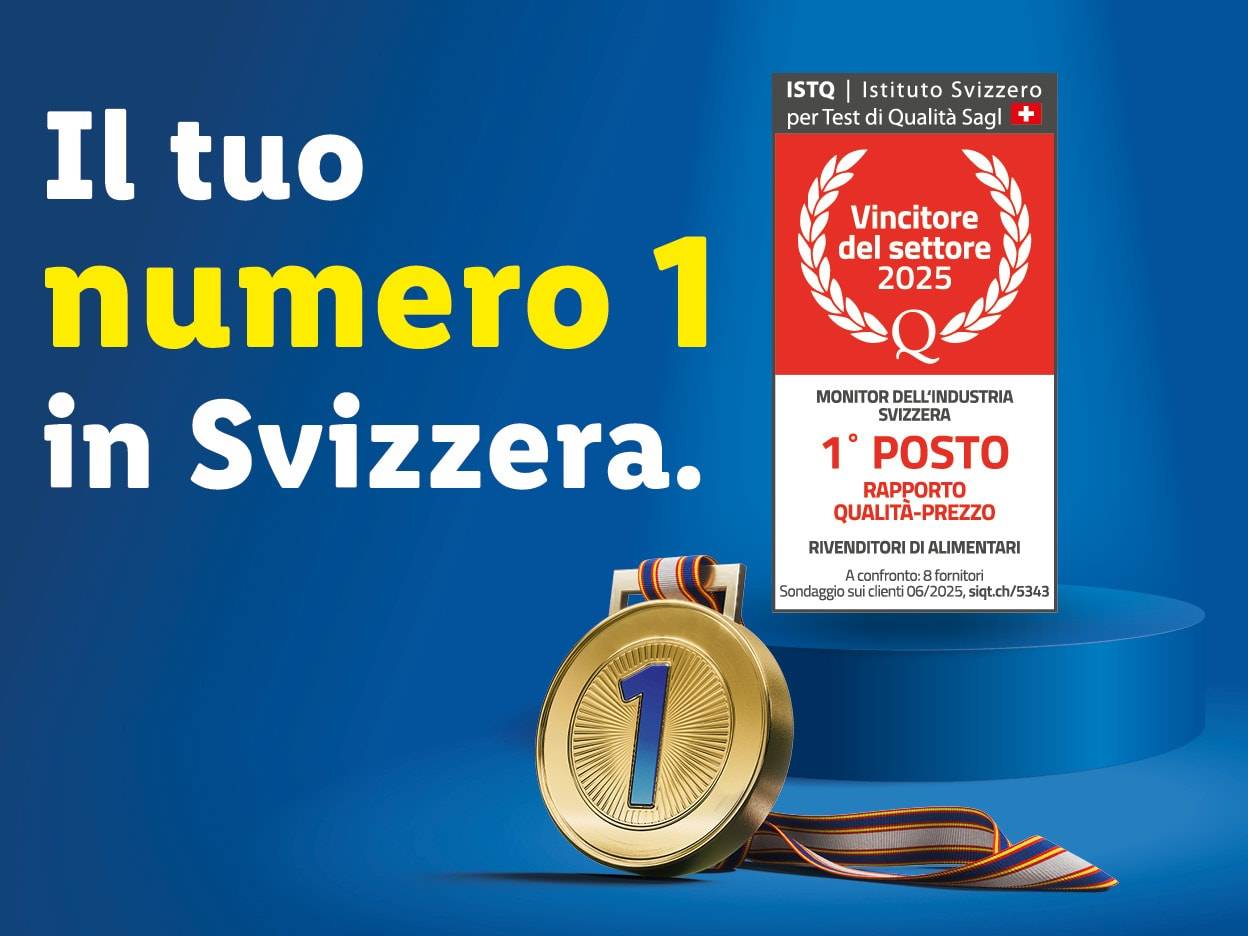 Pubblicità per un rivenditore alimentare svizzero classificato numero 1 per qualità-prezzo.