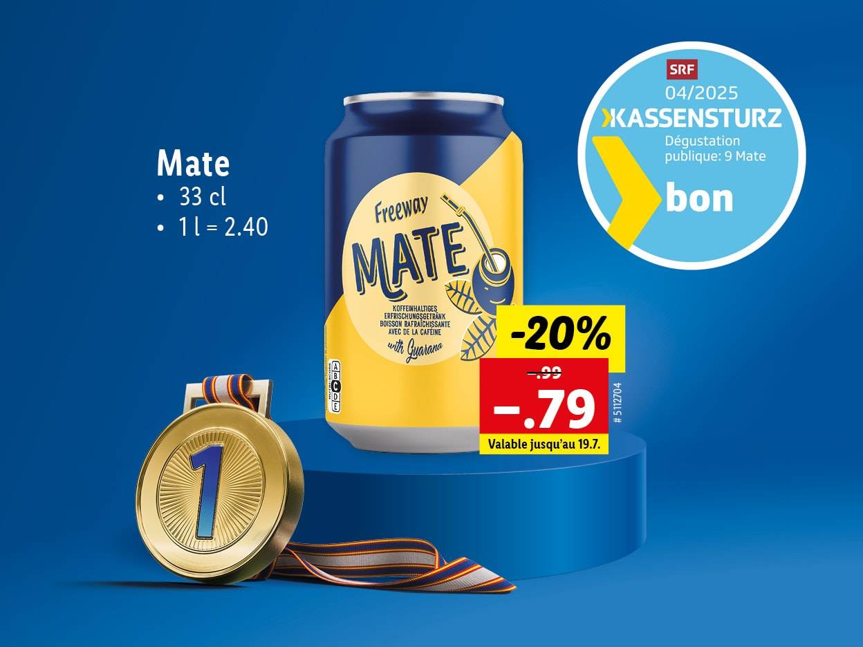 Promotion Freeway Mate : canette de 33 cl à 0.79 CHF (-20%).