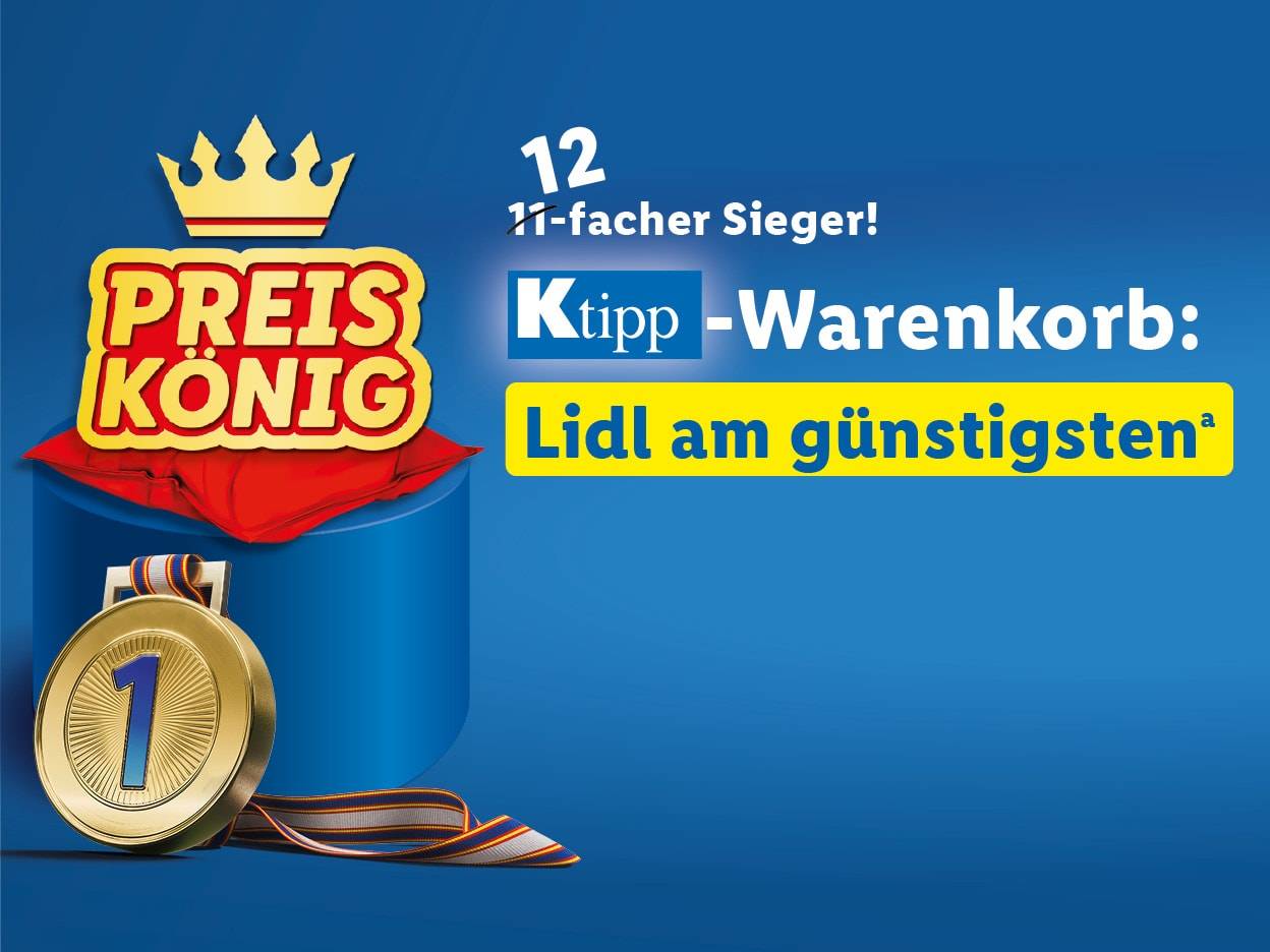 Lidl ist zum 12. Mal Preis-König und damit der günstigste Supermarkt im Ktipp-Warenkorbtest.
