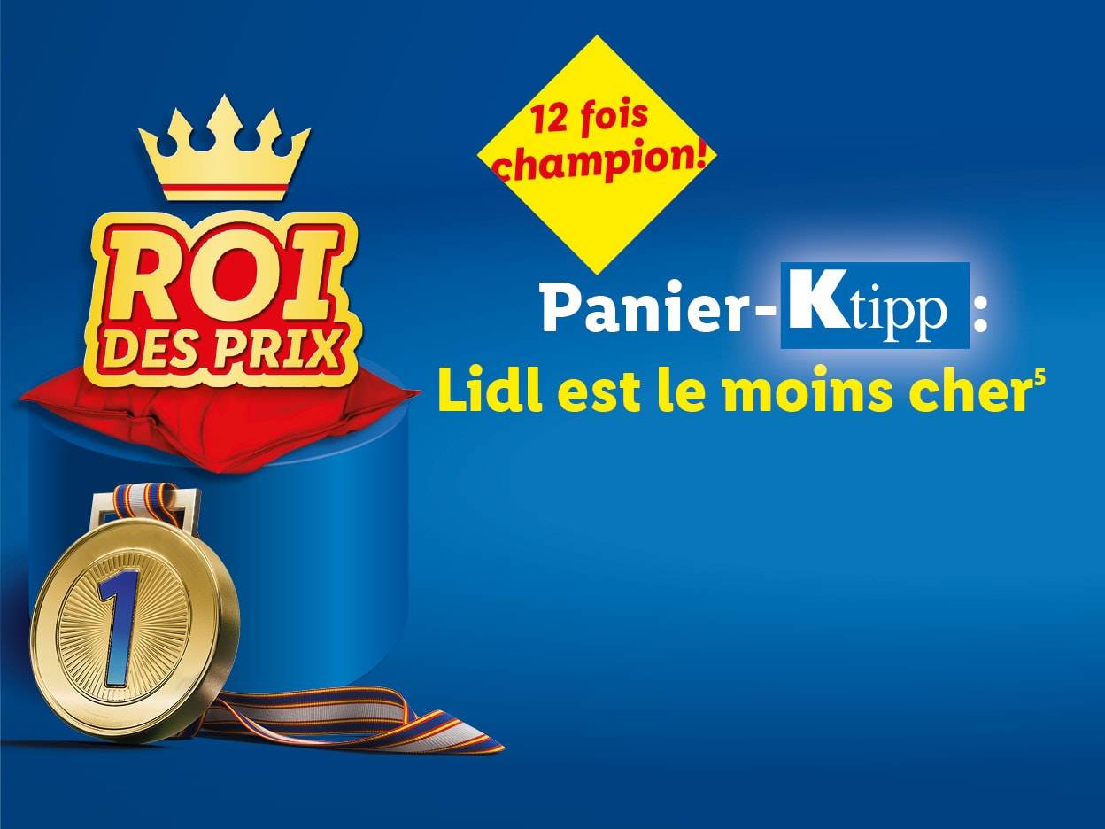Une image promotionnelle déclarant Lidl le « Roi des Prix » et le moins cher selon Panier-Ktipp.