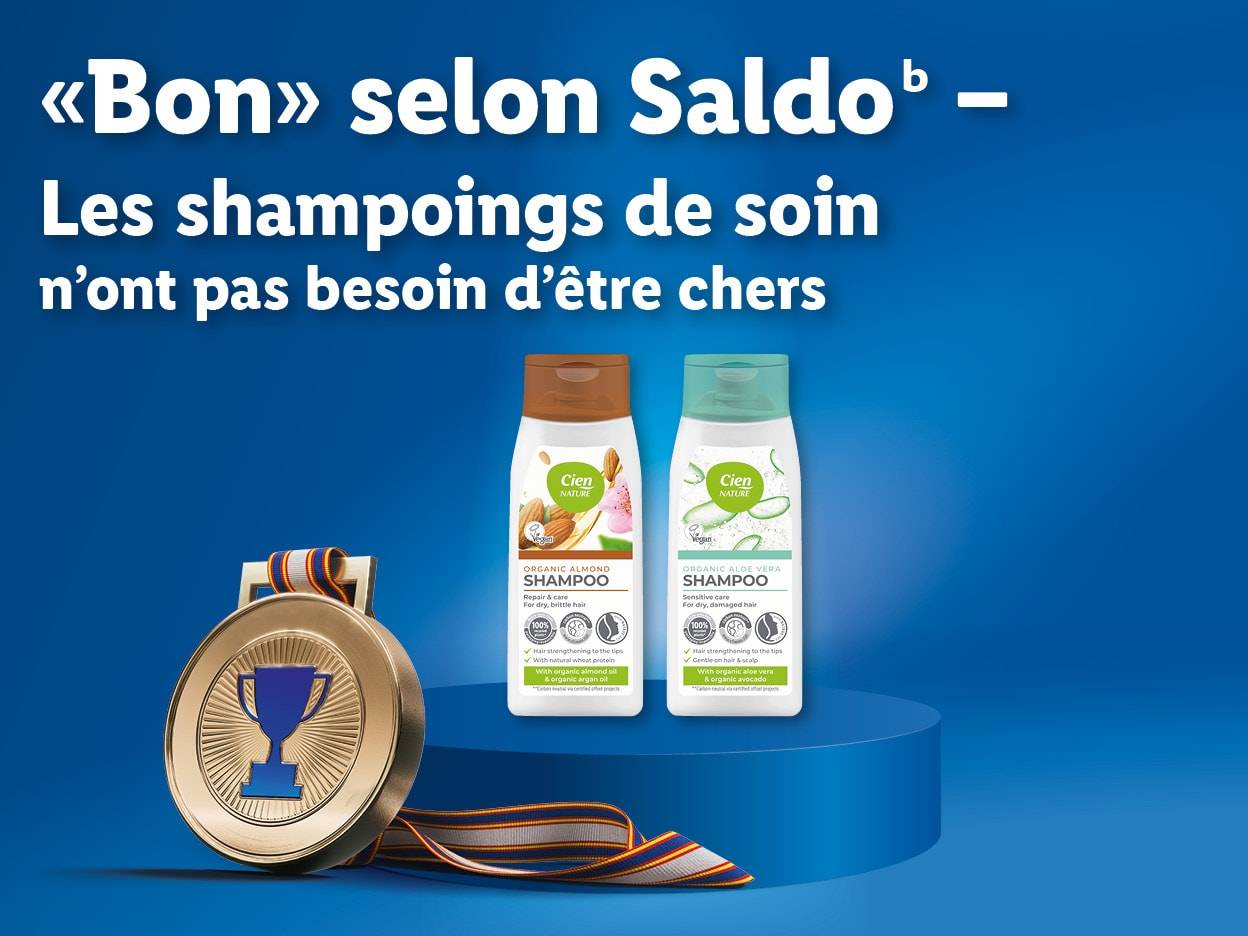 Deux shampoings Cien Nature, à l'amande et à l'aloe vera, présentés comme une bonne option abordable.