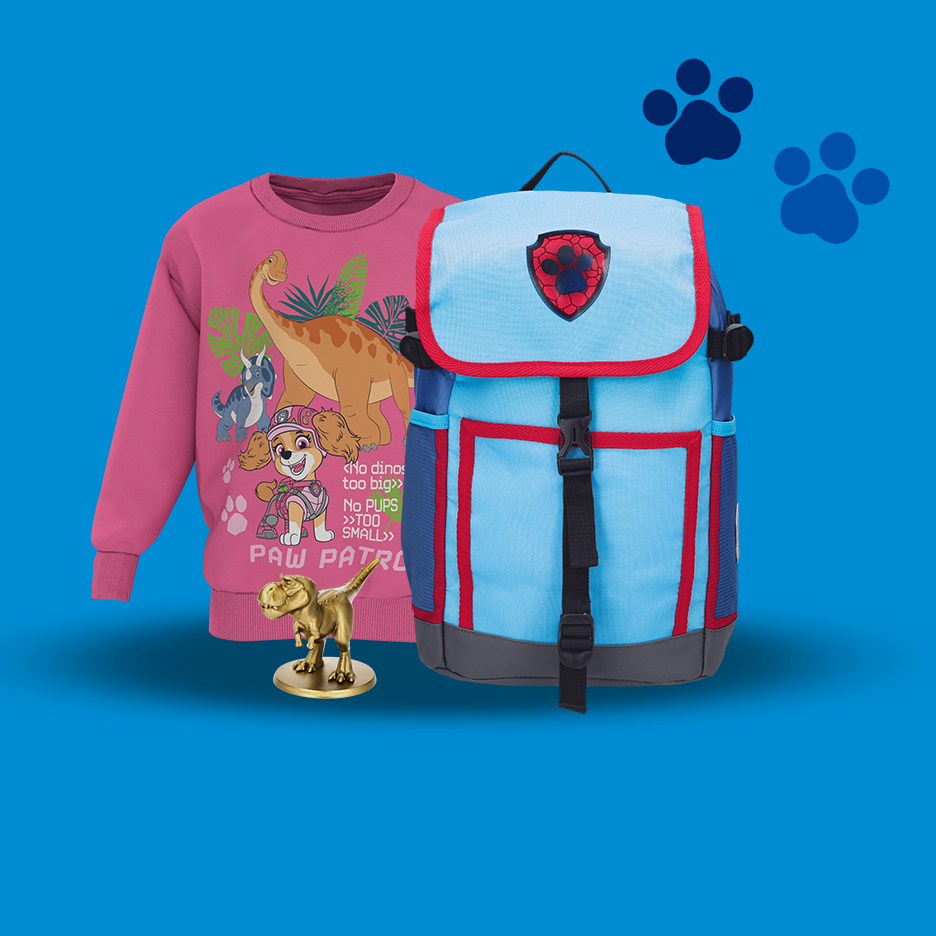 Rosa Dinosaurier-Sweatshirt und blauer Rucksack mit Abzeichen, mit „PAW PATROL“-Text.