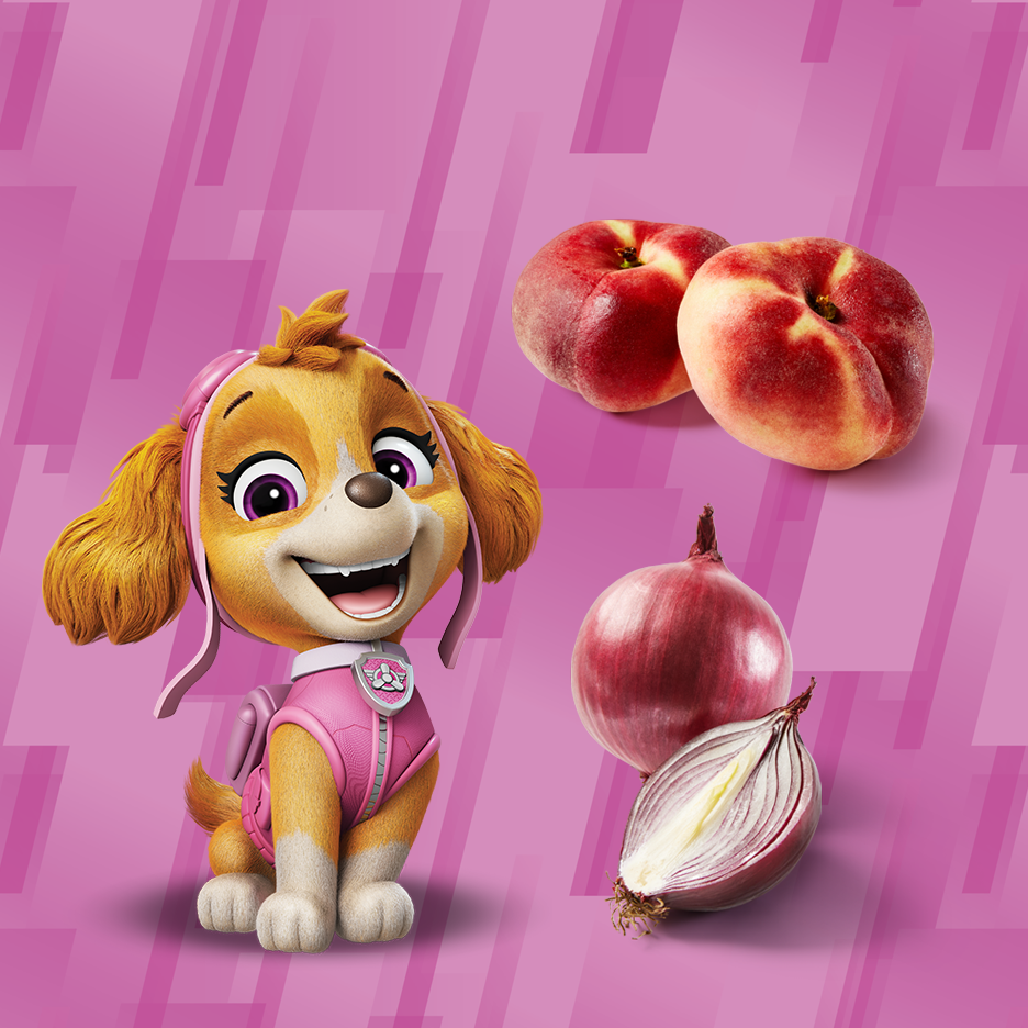 Skye von Paw Patrol mit Pfirsichen und roten Zwiebeln auf rosa Hintergrund.