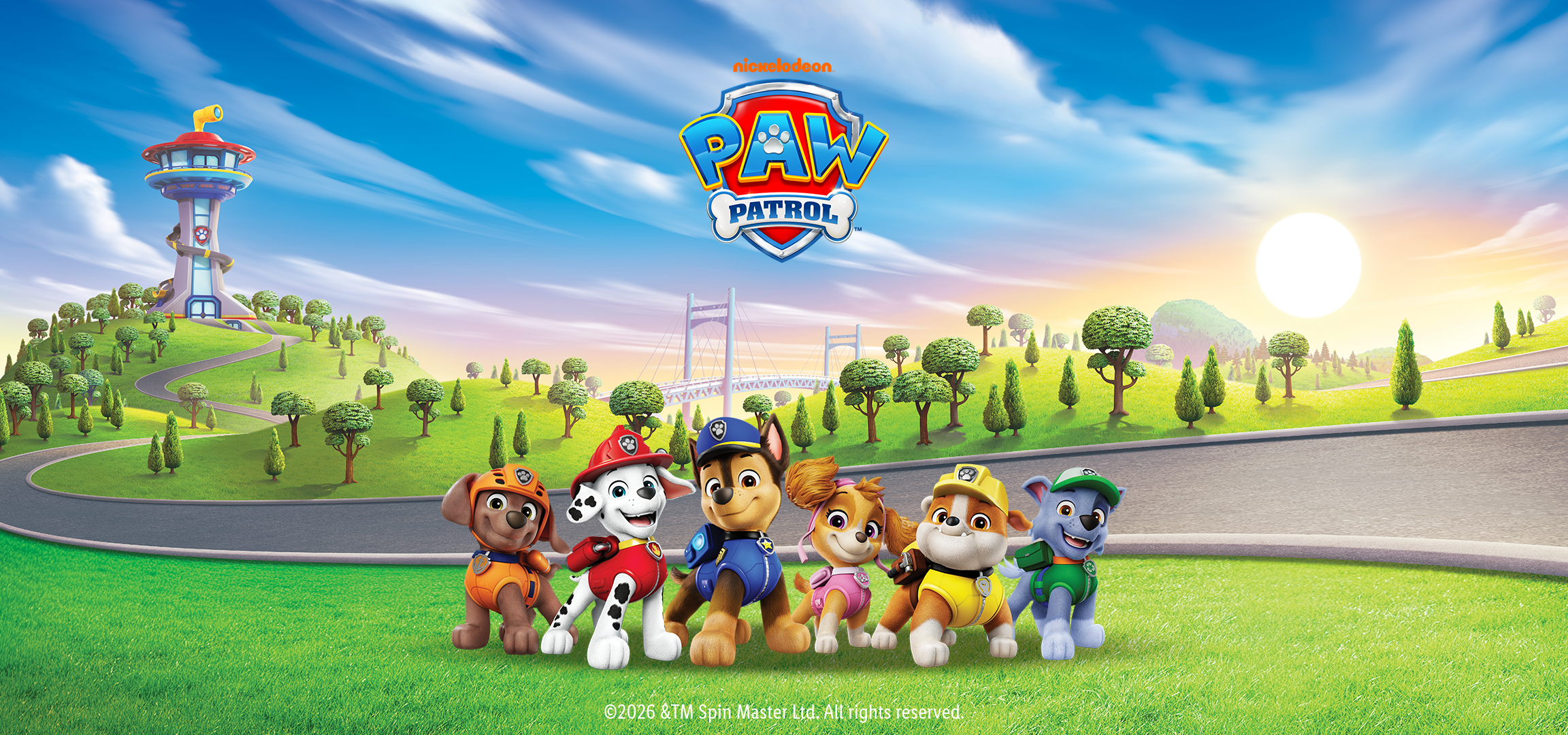 Die Welpen der Paw Patrol mit ihrem Aussichtsturm und Logo.