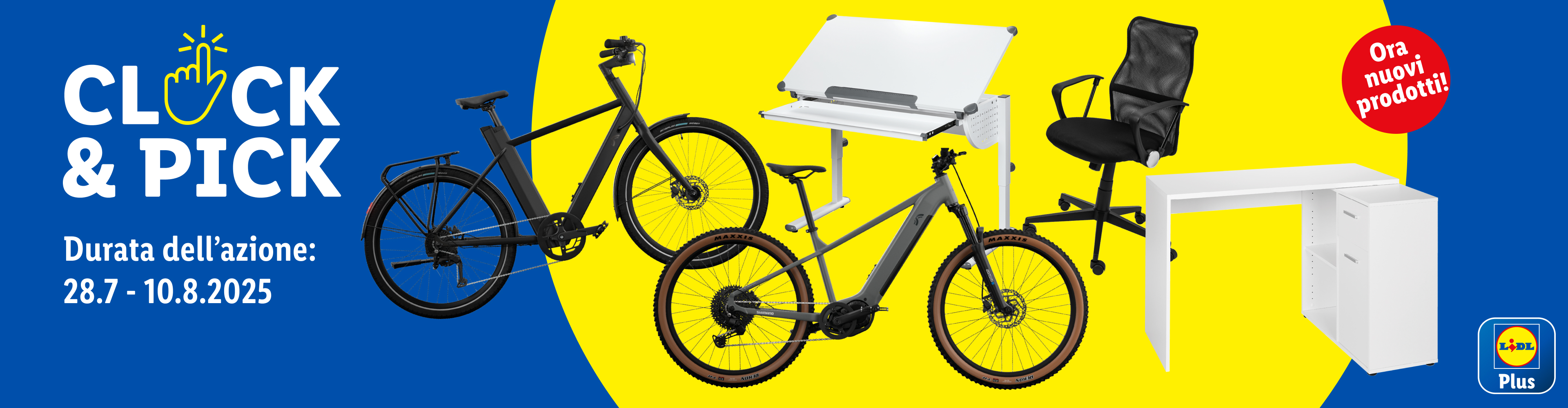 Nuovi prodotti Lidl Plus: e-bike, scrivania e sedia da ufficio.