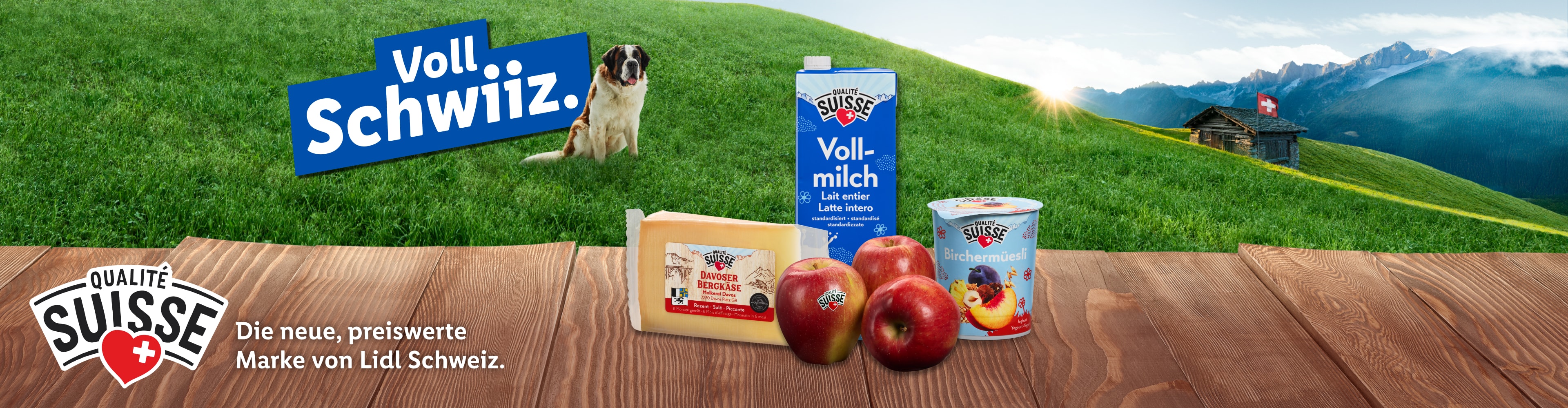 Neue Lidl Schweiz Produktlinie: Vollmilch, Bergkäse und Joghurt in Schweizer Berglandschaft.