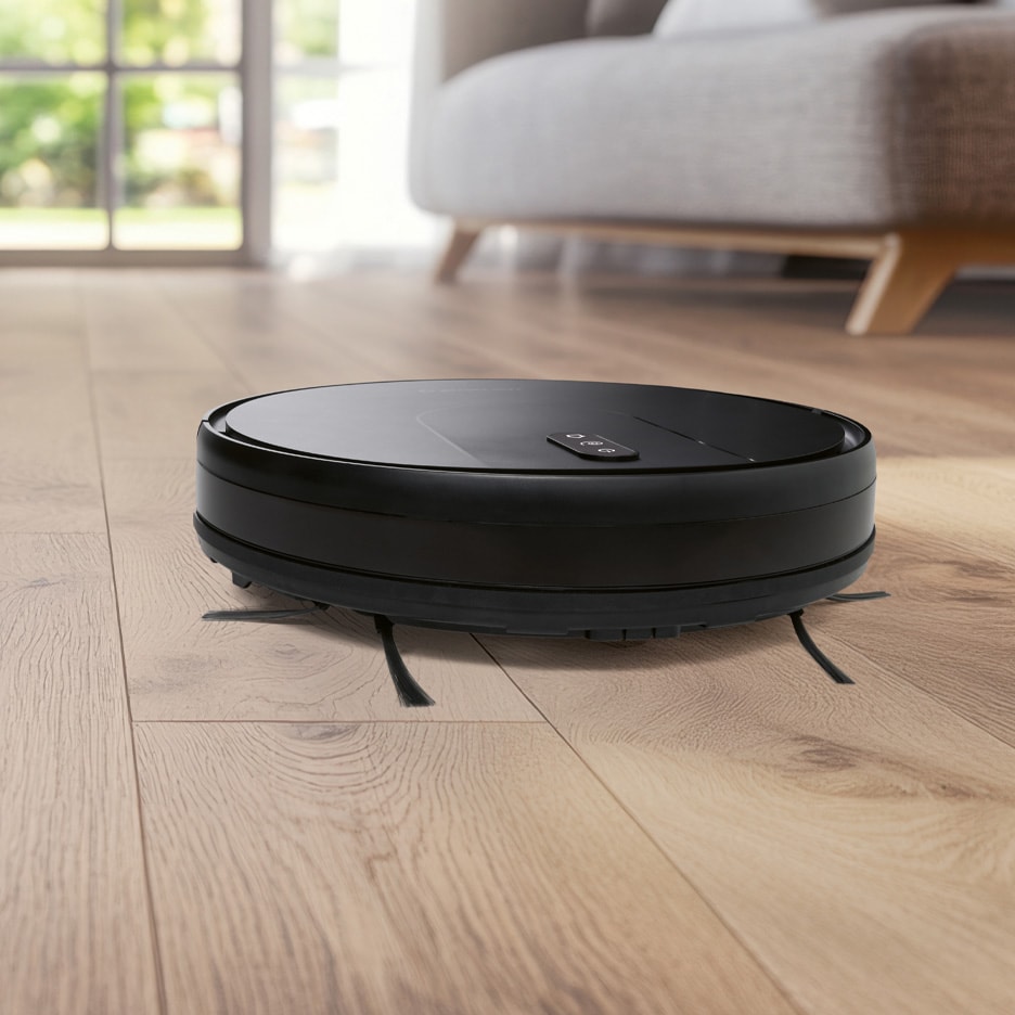 Schwarzer Saugroboter auf Holzboden in einem modernen Wohnzimmer.