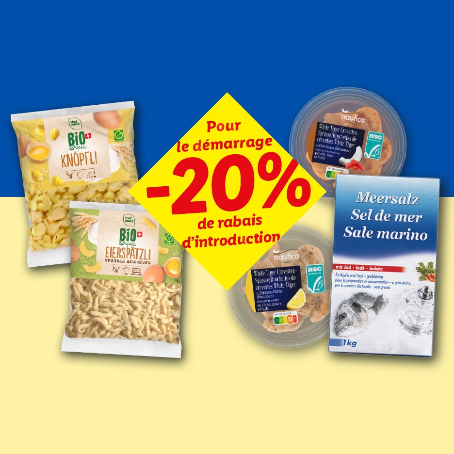 Verschiedene Lebensmittel, darunter Nudeln und Meeresfrüchte, mit 20% Rabatt auf blau-gelbem Hintergrund.