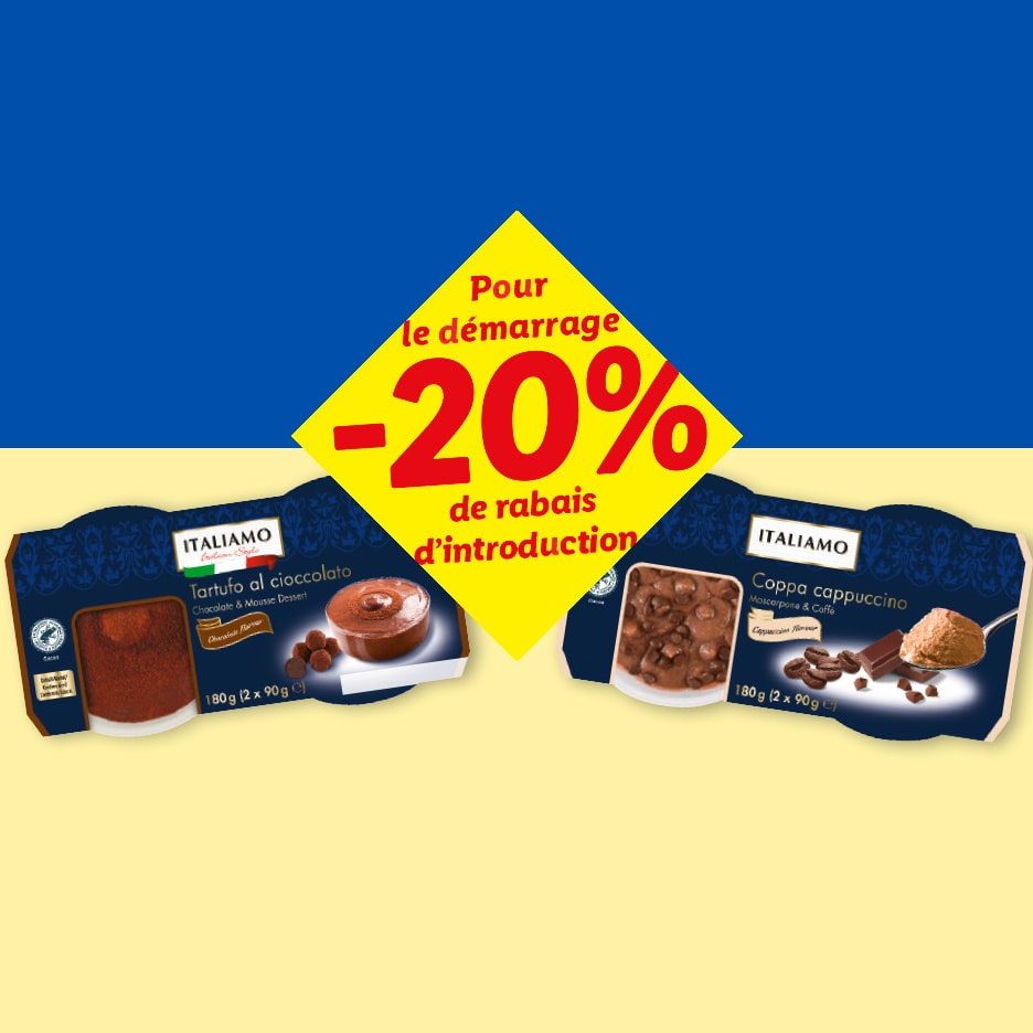 ITALIAMO Schokoladen- und Cappuccino-Desserts mit 20% Einführungsrabatt auf ukrainischer Flagge.