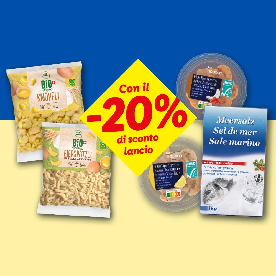Bio-Lebensmittel und Meeresfrüchte mit 20% Rabatt auf gelb-blauem Hintergrund.