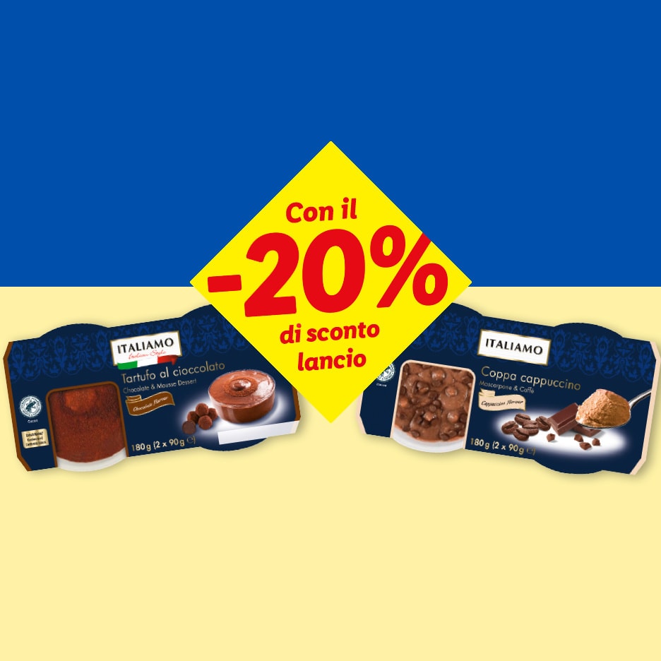 Italiamo Schokoladen-Trüffel und Cappuccino-Becher mit 20% Einführungsrabatt.