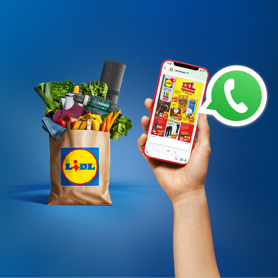 Lidl-Einkaufstasche mit Lebensmitteln und Bohrmaschine, Telefon mit Prospekt und WhatsApp-Symbol.