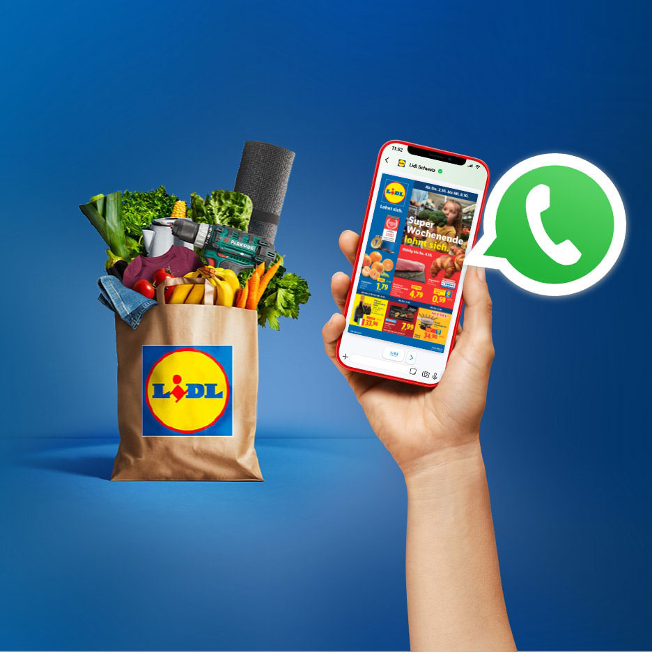 Eine Lidl-Einkaufstasche gefüllt mit Lebensmitteln und Werkzeugen, daneben eine Hand, die ein Smartphone mit Lidl-Angeboten und einem WhatsApp-Symbol hält.